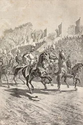 Chefes de Gabinete entrando no desfile, comemoração da visita do príncipe herdeiro da Alemanha (futuro Frederico III) a Roma, Itália, gravura de desenho de Quinto Cenni, de L