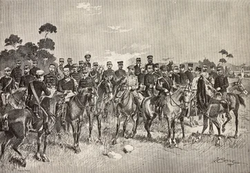 Oficiais de exércitos estrangeiros em visita aos soldados italianos na Lombardia, Itália, gravura de um desenho de Quinto Cenni, de L