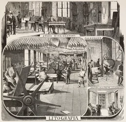 Editora Fratelli Treves: estudo dos desenhistas, carpintaria, limpeza de pedras litográficas, litografia, Milão, Itália, gravura de desenho de Quinto Cenni, de L