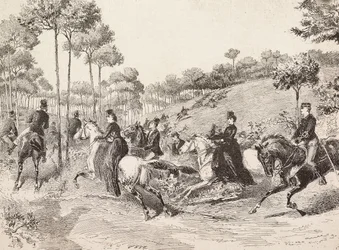 Viagem de caça pela caça milanesa, Itália, gravura de desenho de Quinto Cenni, de L