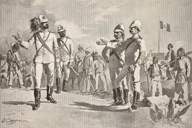 Soldados italianos e locais, em uniformes do exército italiano em África, Massawa, Eritreia, gravura de um desenho de Quinto Cenni, de L