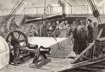 Marinheiros e oficiais italianos que armam o navio Gottardo, expedição italiana no Mar Vermelho, Palermo, Itália, gravura de desenho de Quinto Cenni e esboço de Dante Paolocci, de L