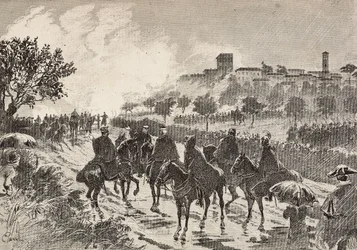 Soldados italianos a cavalo em movimento de Copreno para Cermenate, Itália, gravura de um desenho de Quinto Cenni, de L