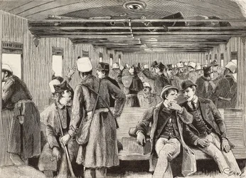Soldados italianos em comboio com destino a Nápoles, Itália, segunda expedição italiana no Mar Vermelho, gravura de desenho de Quinto Cenni e esboço de M Dal Don, de L