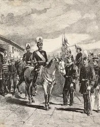Exército japonês: Soldados de infantaria, Chefes de Estado-Maior, Major-General, Cavalaria, Vice-Almirante, Capitão de Infantaria, Artilheiro, Japão, gravura de desenho de Quinto Cenni, de L