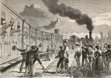 Homens e mulheres despedindo-se dos soldados italianos que partem da estação ferroviária de Cassino, Itália, gravura de desenho de Quinto Cenni e esboço de M Dal Don, de L