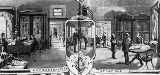 Escritórios dos irmãos Treves, pessoal de edição e administração, Milão, Itália, ilustração de Quinto Cenni (1845-1917) de L