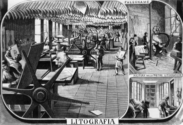 Escritórios dos irmãos Treves, departamento de litografia, Milão, Itália, ilustração de Quinto Cenni (1845-1917) de L