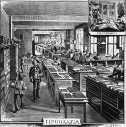 Escritórios dos irmãos Treves, tipografia e sobreposições, Milão, Itália, ilustração de Quinto Cenni (1845-1917) de L