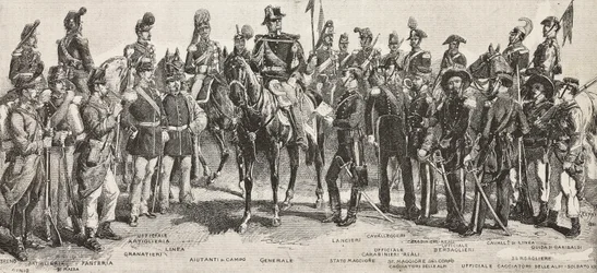 Exército piemontês em 1859: infantaria, artilheiros, engenheiros, granadeiros, oficiais, generais, lanceiros, cavaleiros, fuzileiros, gravura de desenho de Quinto Cenni, de L