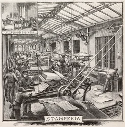 Gráfica na editora Fratelli Treves, Milão, Itália, gravura de desenho de Quinto Cenni, de L