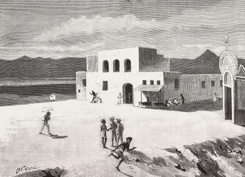 O edifício dos Correios italianos, Massawa, Eritreia, gravura de um desenho de Quinto Cenni e um esboço de Pieragostini, de L