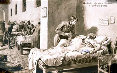 O patriota italiano Giuseppe Garibaldi (1807-1882) enfermeiro, sob o nome de Pan-Borel (Pane Borel), aos doentes de cólera em Marselha em 1836. Cartão postal da Coleção Privada do século XIX