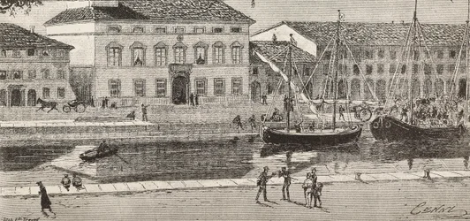 A Câmara Municipal e o canal do porto, Cesenatico, Itália, gravura de um desenho de Quinto Cenni e um esboço de Ulisse Topi, de L