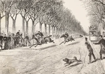 Três oficiais da resistência participantes na corrida de cavalos, terceiro regimento Savoy, entre Milão e Monza, Itália, gravura de desenho de Quinto Cena, de L