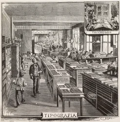 Tipografia em Fratelli Treves Editora, Milão, Itália, gravura de desenho de Quinto Cenni, de L