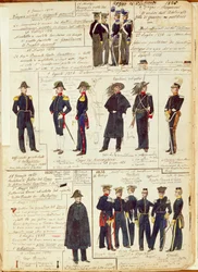 Uniformes do exército piemontês entre 1836 e 1886. Prancha colorida de Quinto Cenni