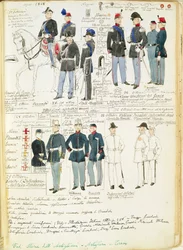 Uniformes do exército piemontês de 1848. Prancha a cores de Quinto Cenni