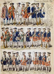 Uniformes das tropas do Reino do Piemonte em 1744, prancha retirada do Códice Cenni, coleção de esboços militares desenhados por Quinto Cenni (1845-1917)