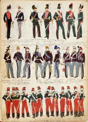 Vários uniformes italianos de uso comum por volta de 1860, por Quinto Cenni, prancha a cores