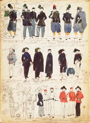 Vários uniformes italianos de uso corrente entre 1847 e 1870, por Quinto Cenni, prancha a cores