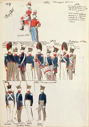 Vários uniformes, por Quinto Cenni, placa de cor, cerca de 1834-1841