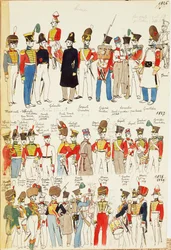 Vários uniformes, datados de 1826 a 1829. Placa colorida por Cenni Quinto
