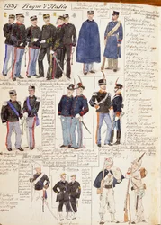 Vários uniformes do Reino de Itália, placa colorida por Quinto Cenni