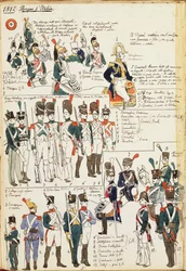 Vários uniformes do Reino de Itália de 1807. Placa colorida por Cenni Quinto