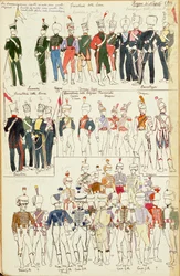 Vários uniformes do Reino de Nápoles de 1814. Placa colorida por Cenni Quinto