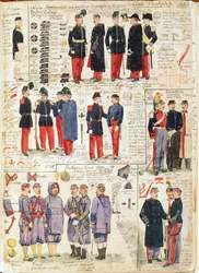 Vários uniformes dos Estados Pontifícios de 1865. Placa colorida por Cenni Quinto