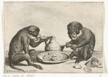 Dois macacos a comer ostras
Vários actos de vida humana representados por macacos (título da série)
O jogo do macaco no mundo (título da série)