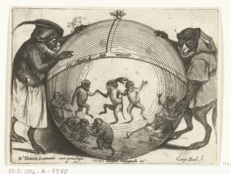 Dois macacos seguram um globo
Vários actos de vida humana representados por macacos (título da série)
O jogo do macaco no mundo (título da série sobre o objecto)
