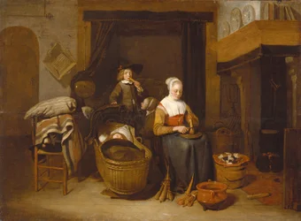 Uma família sentada à volta da lareira da cozinha