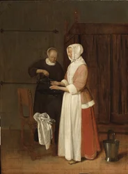 Une femme lave ses mains - A Woman Washing her Hands, de Brekelenkam, Quiringh van (ca 1622-ca 1669). Óleo sobre madeira