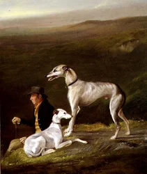 O velho Sandy, treinador de Alexander Graham, com Dois Galgos numa Paisagem das Terras Altas (óleo sobre tela)