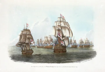 HMS "Victory" e "Euryalus" na Batalha de Trafalgar, quando o primeiro canhão foi disparado do navio do almirante francês (litografia a cores)