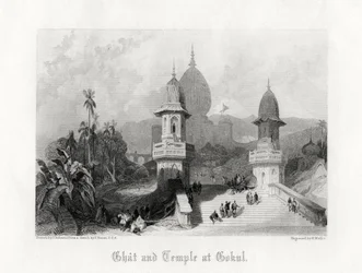Ghat e templo em Gokul, Índia, c1838.