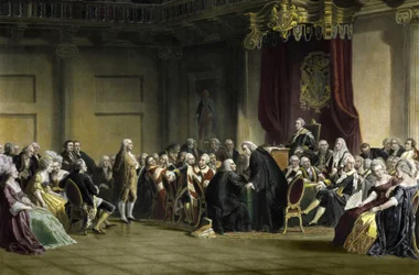 Benjamin Franklin (1706-1790), filósofo, físico e estadista americano perante os Senhores do Conselho Privado, Whitehall Chapel, Londres
