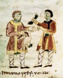 O mercador de galinhas de um manuscrito ""De Universo"" (ou De rerum naturis (De la Nature des chooses)
