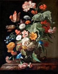 "Nature morte aux fleurs" (Nature morte aux fleurs) Peinture de Rachel Ruysch (1664-1750) - Óleo sobre tela - Dim 70,5x58,5 cm Hallwylska Museet, Estocolmo