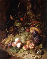 Natureza morta com frutas e insetos,