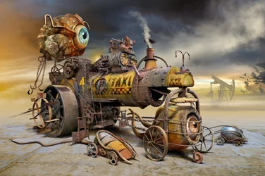 Um táxi ocular steampunk bizarro