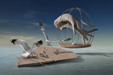 Gaivotas escapam de gaiola surreal