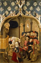 Visão durante o sermão, detalhe do painel do lado esquerdo de São Bernardo Altarpiece de Rafael Tomas (activo 1455-1479), predella de Joan Figuera (activo de 1454-died 1477 ou 1479), tempera no painel, 398, 9x253 cm