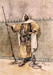 Orientalismo: "" Retrato de um homem árabe, arma de soldado, ele usa facas no cinto "" Aguarela de Rafael Senet y Perez (1856-1926) 1881 Sevilha. Museu de Belas Artes.