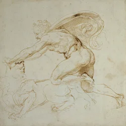 Hércules dominando um Leão (caneta e tinta marrom em papel branco)