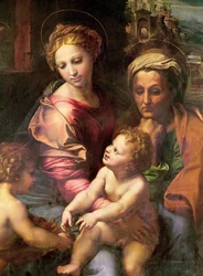 A Sagrada Família (ou A Pérola), pormenor: a Virgem, santa Isabel e o Menino, c. 1518