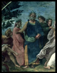 O Parnaso, detalhe de Homero, Dante e Virgílio, na Stanze della Segnatura, 1510-11