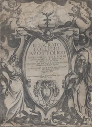 Frontispício com duas figuras segurando volutas e querubins ladeando a cartela no cen..., 1606-07.